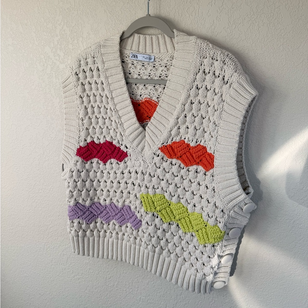 Zara Womens Multicolor Chunky Knit V-Neck Sleeveless Sweater Vest Size Large - Picture 6 of 14